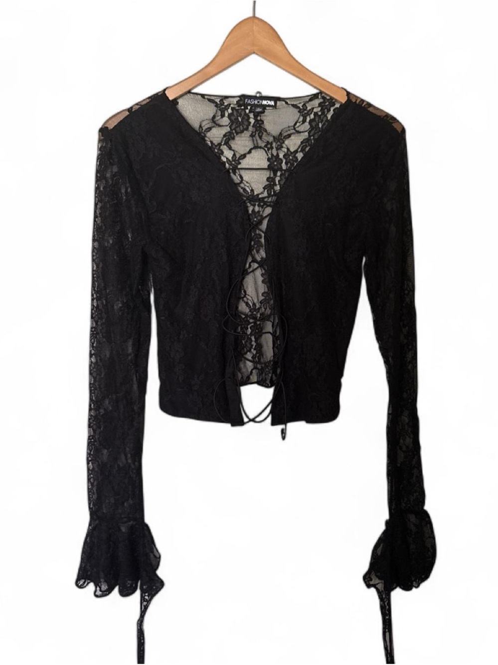 Fashion Nova Black Lace Tie-Front Cropped Blouse w Gothic Cuffs L Whimsigoth 🦇